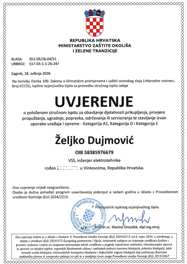 Certificate for handling fluorinated greenhouse gases and work on refrigeration and air-conditioning systems.