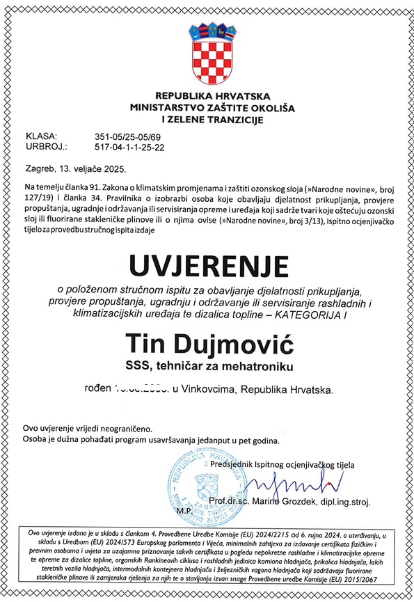 Government certificate for installation, servicing and maintenance of refrigeration, air-conditioning and heat-pump systems.